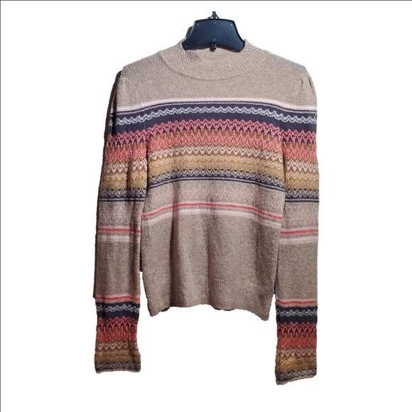 Anthropologie Ett:Twa Fargo Fair Isle Sweater Alpaca Blend Mock Neck Striped Tan - Picture 3 of 13